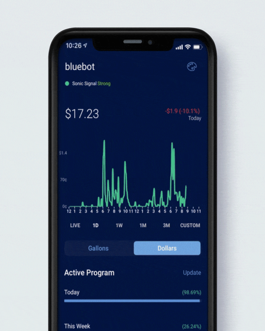 a video of the bluebot water app demonstrating the dollarize function which converts gallons to dollars