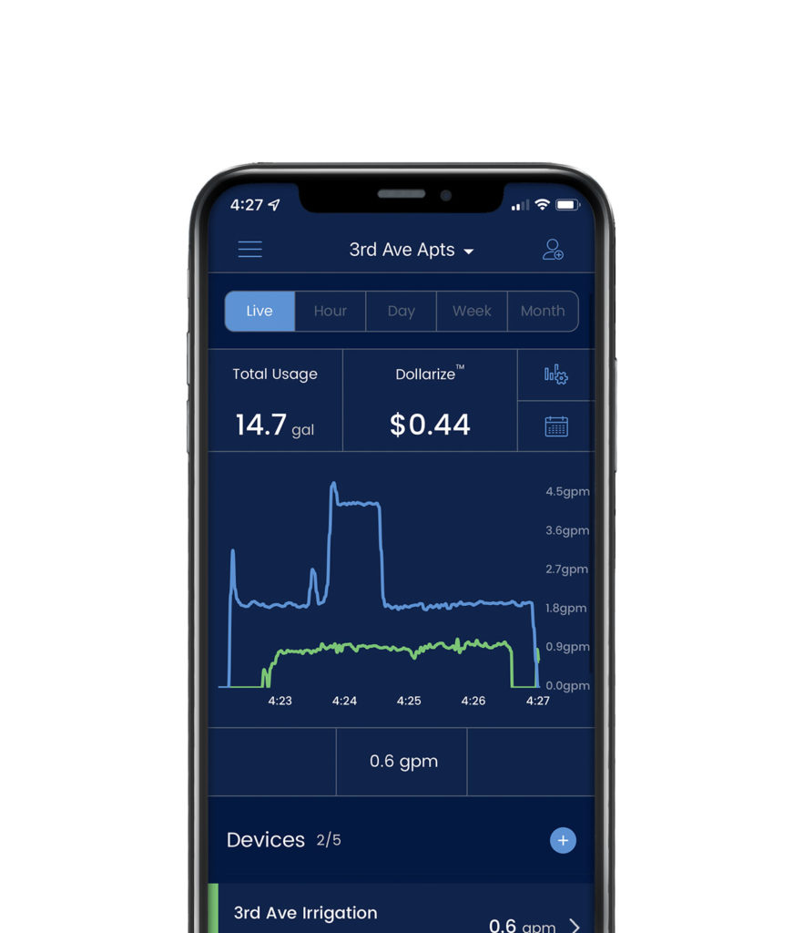 bluebot data for water usage and cost shown on a landlord's mobile phone