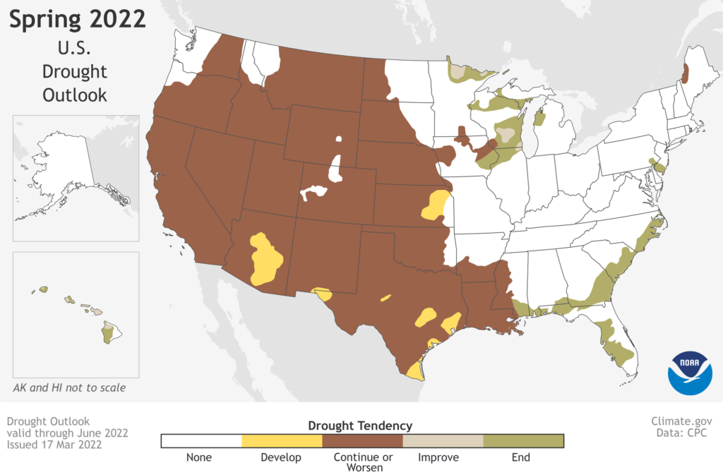 Map showing Spring 2022 U.S. Drought Outlook