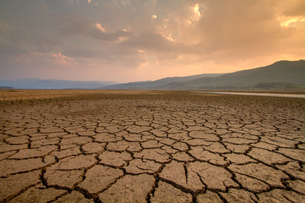 Cracked lakebed with mountains in the background