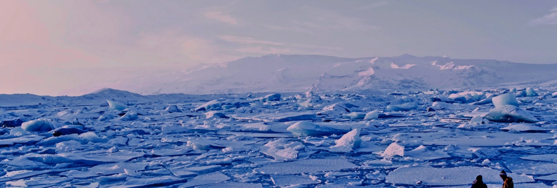 Two people standing on an ice floe among hundreds of other ice floes
